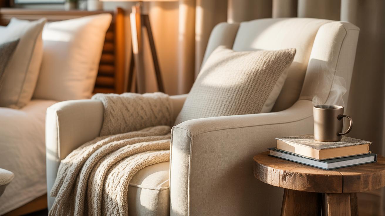 Fauteuil cosy et table d'appoint dans une ambiance chaleureuse