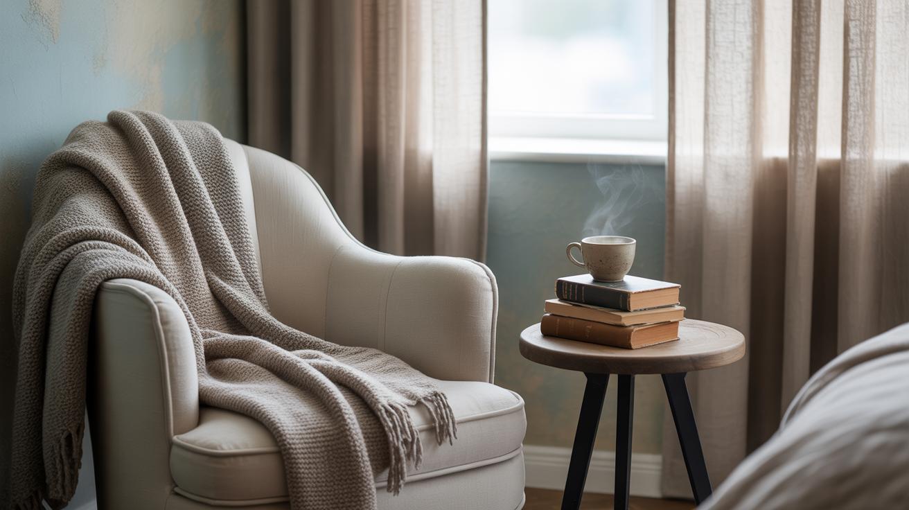 Coin de chambre calme avec fauteuil crème et rideaux en lin clair 