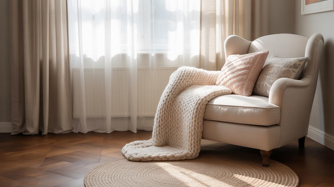 Ambiance matinale douce avec fauteuil et coussins dans des tons neutres