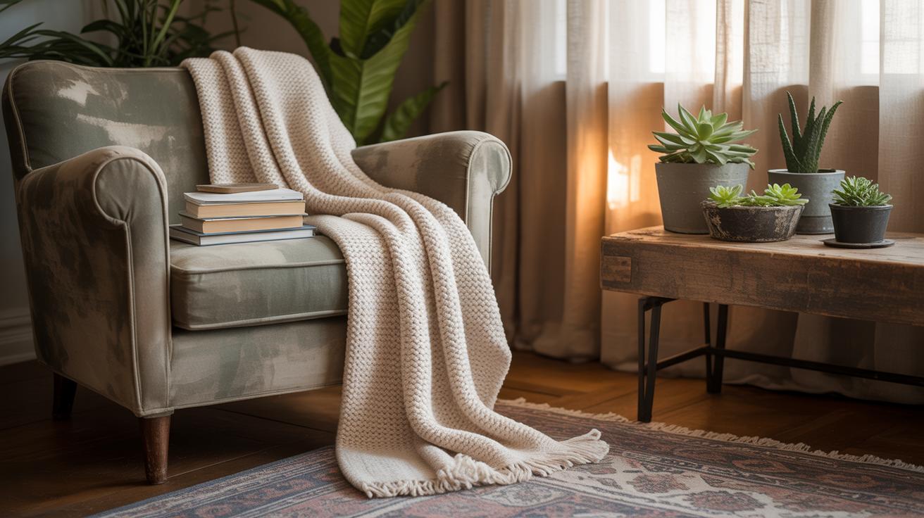 Espace détente avec fauteuil gris et plantes succulentes