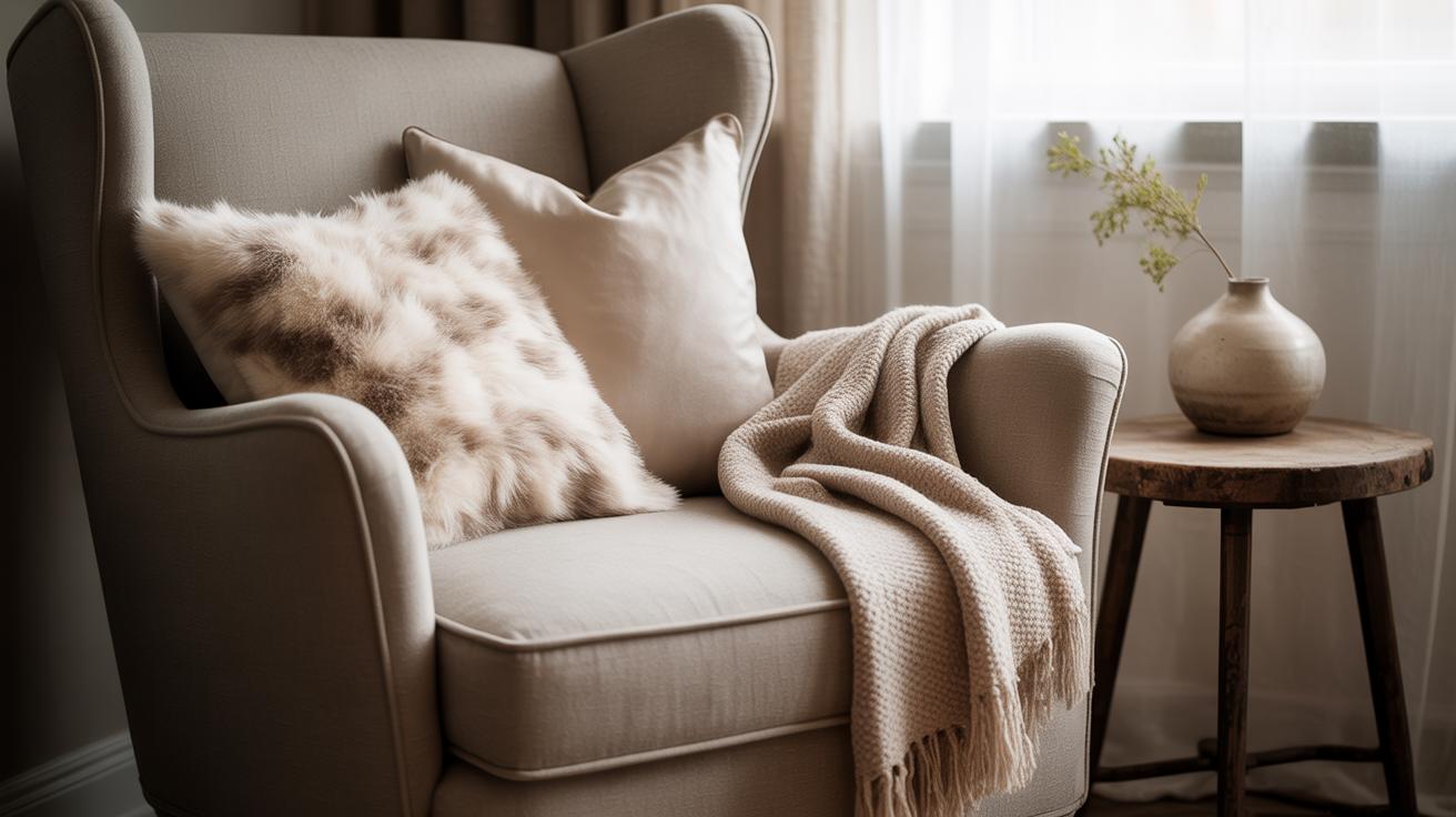 Fauteuil gris confortable avec table en bois et vase