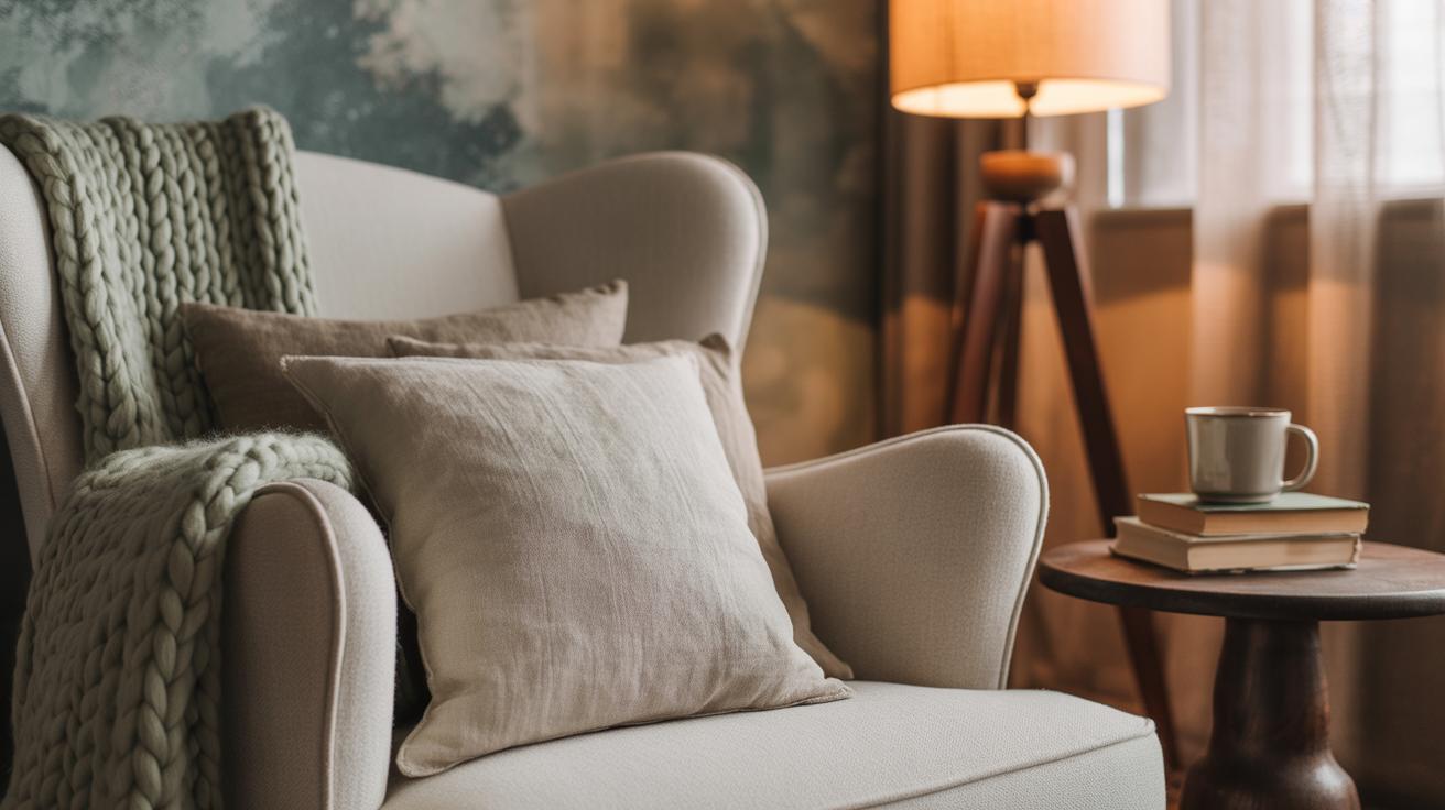 Fauteuil crème et lampe chaleureuse dans un coin de chambre apaisant
