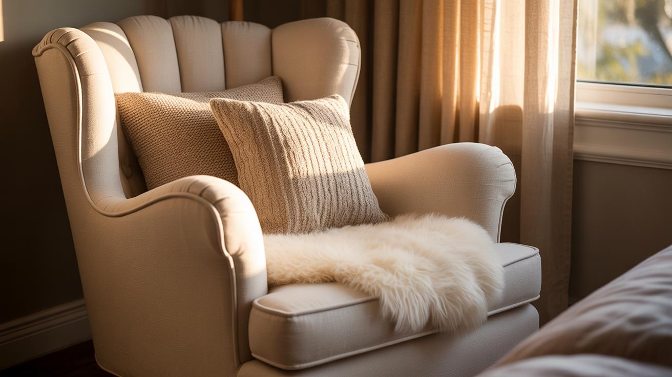 Fauteuil en tissu doux baigné de lumière naturelle en fin de journée