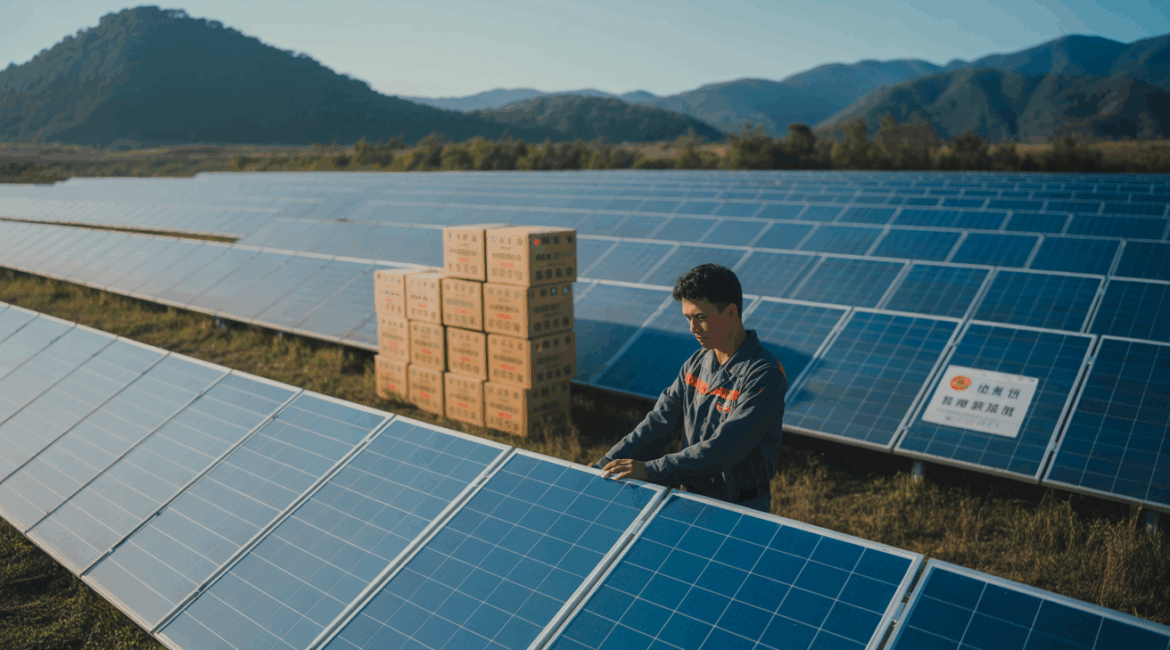 Ferme solaire réaliste avec panneaux modernes et un technicien inspectant l'installation, évoquant subtilement l'origine chinoise des équipements.