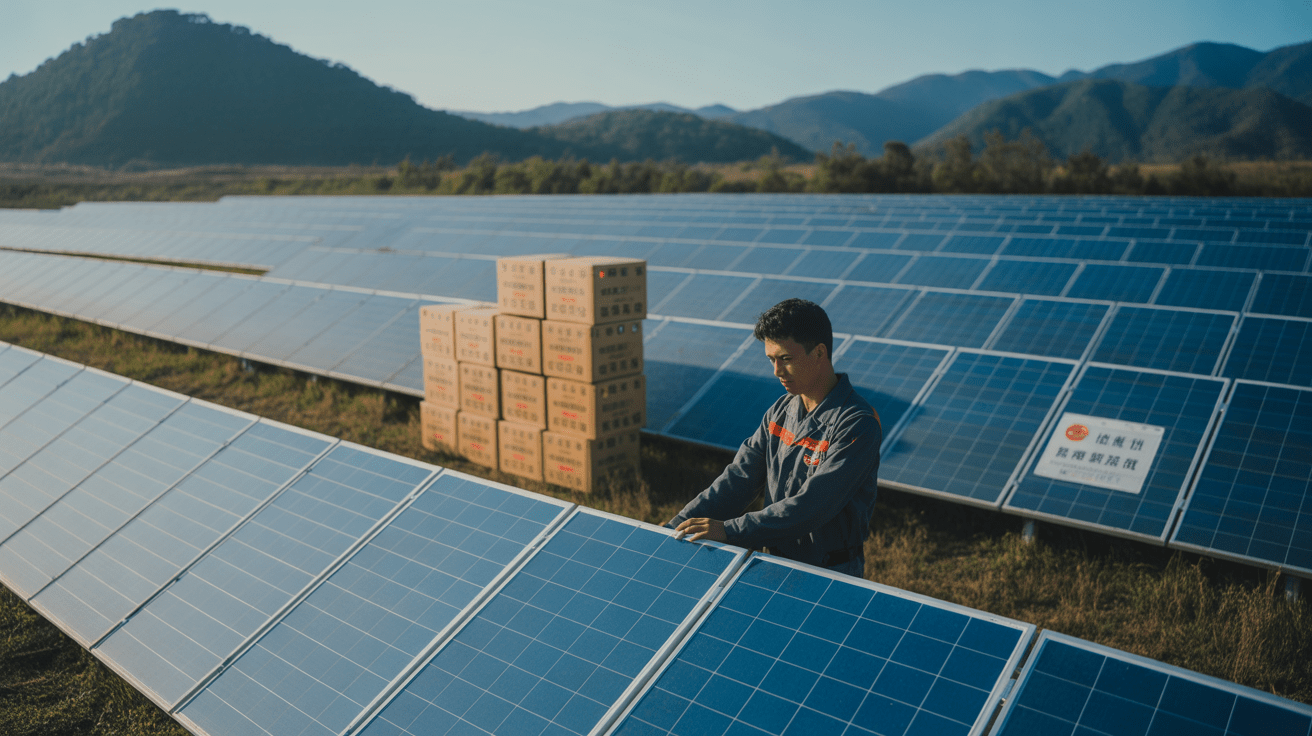 Ferme solaire réaliste avec panneaux modernes et un technicien inspectant l'installation, évoquant subtilement l'origine chinoise des équipements.