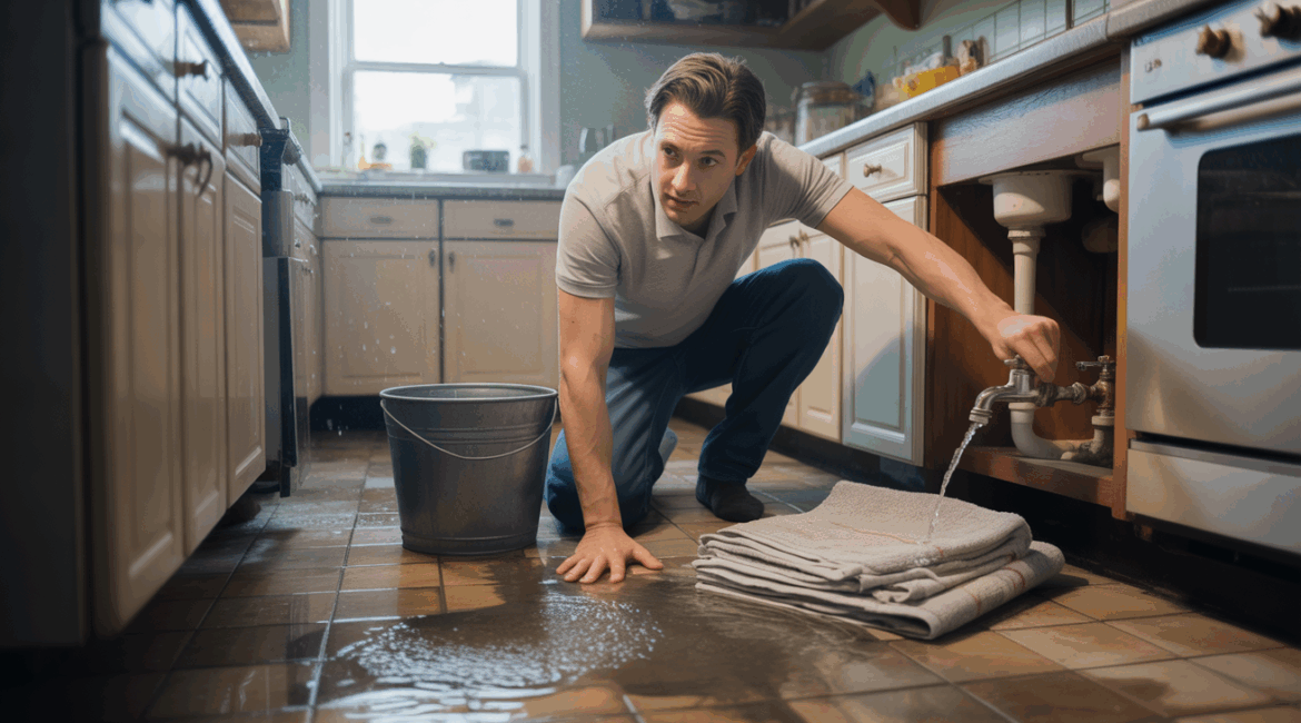 Personne coupant l’eau et contenant une fuite dans une cuisine réaliste avec sol mouillé et gestes d’urgence.