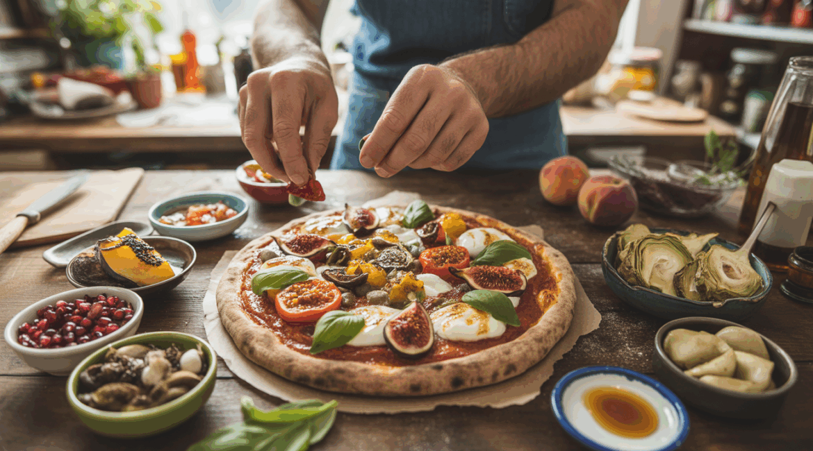 Photo réaliste d’une table de cuisine avec une pizza artisanale entourée d’ingrédients créatifs et originaux, montrant une scène authentique de préparation culinaire.