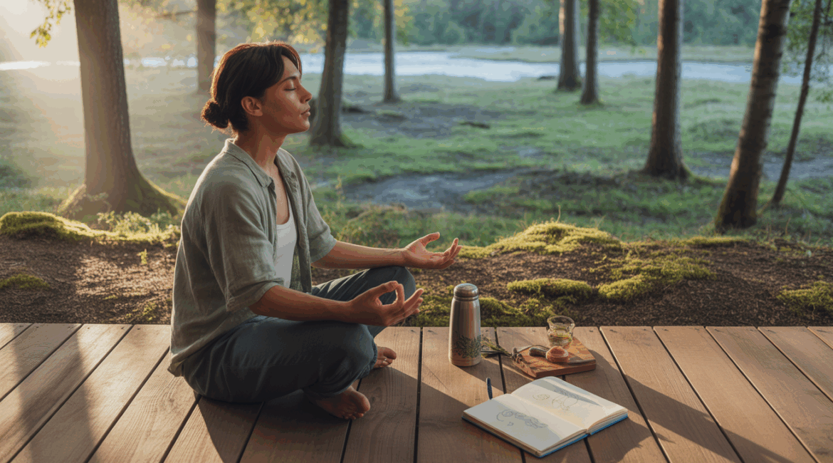 Personne en pleine séance de respiration consciente sur une terrasse en bois face à une forêt au lever du soleil, avec une scène réaliste et naturelle.
