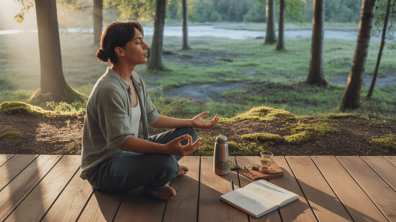 Personne en pleine séance de respiration consciente sur une terrasse en bois face à une forêt au lever du soleil, avec une scène réaliste et naturelle.