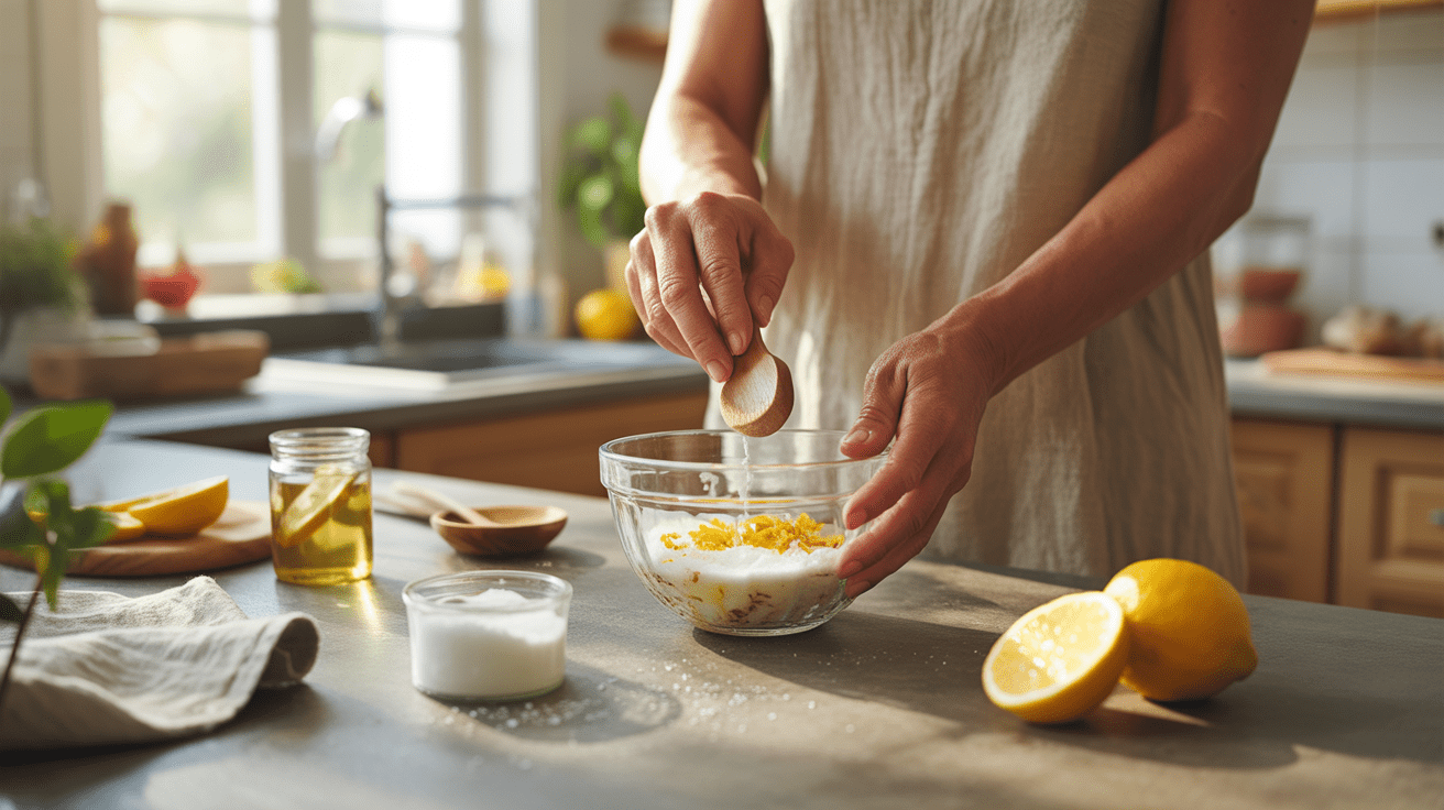 Préparation artisanale d’un gommage corporel naturel dans une cuisine ensoleillée, avec ingrédients frais et ambiance authentique.