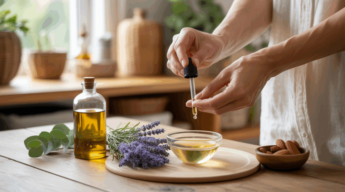 Scène réaliste d’une préparation d’huiles de massage maison sur une table en bois avec plantes et ingrédients naturels.