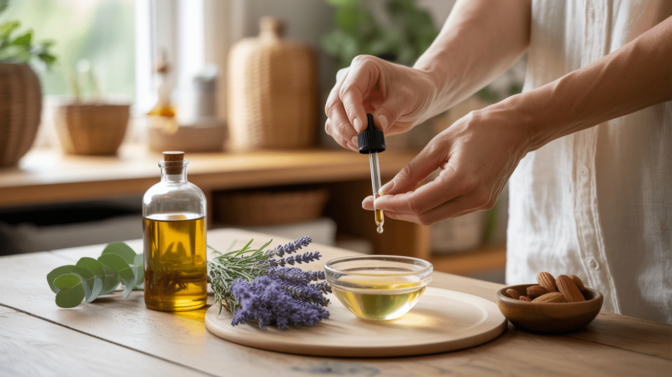 Scène réaliste d’une préparation d’huiles de massage maison sur une table en bois avec plantes et ingrédients naturels.