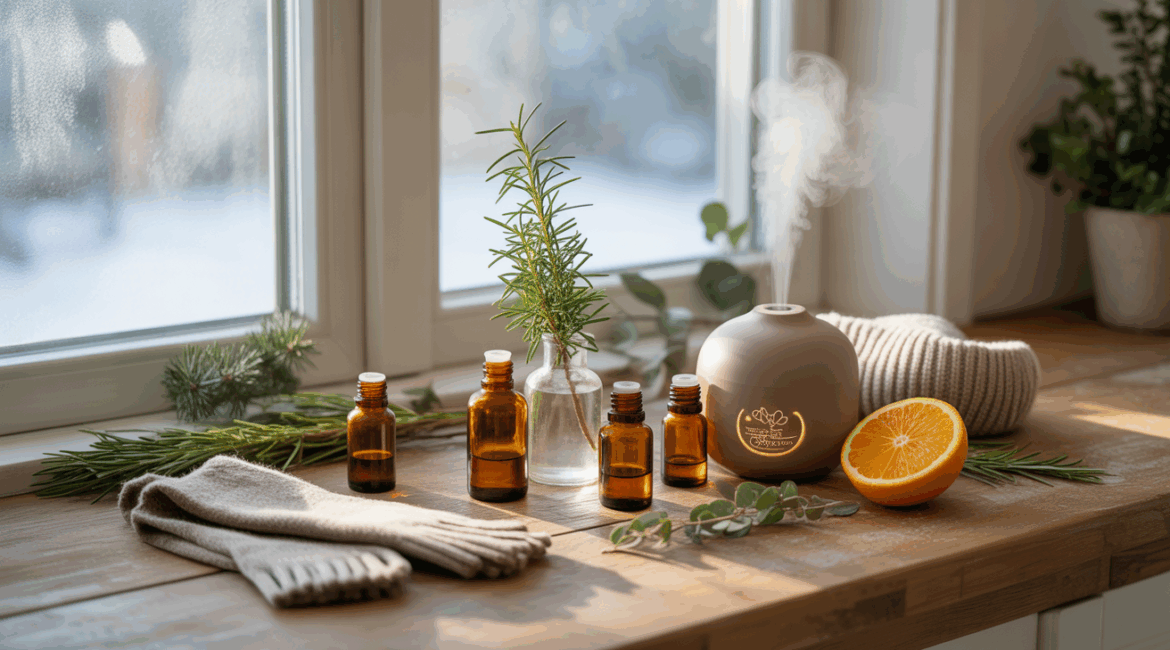 Scene hivernale réaliste montrant des huiles essentielles sur une table en bois près d’une fenêtre givrée, avec plantes aromatiques, diffuseur en céramique et accessoires d’hiver.