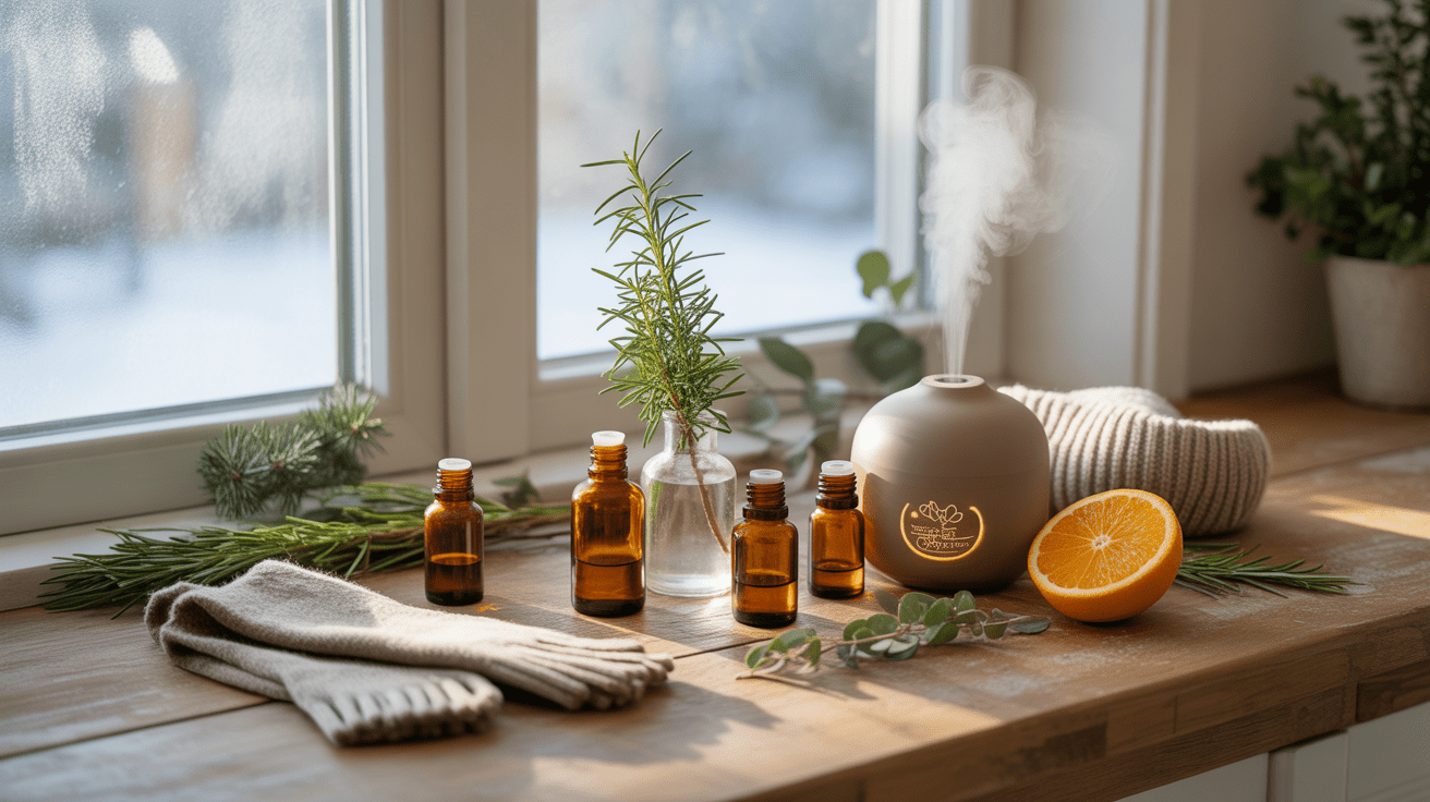 Scene hivernale réaliste montrant des huiles essentielles sur une table en bois près d’une fenêtre givrée, avec plantes aromatiques, diffuseur en céramique et accessoires d’hiver.