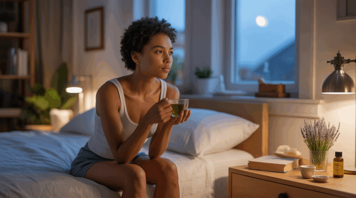 Scène réaliste et chaleureuse montrant une personne détendue dans une chambre apaisante avec tisane, lumière douce et éléments naturels favorisant le sommeil.