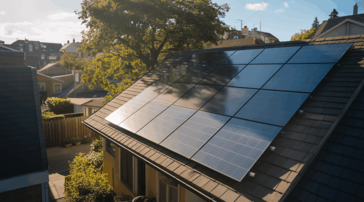 Panneaux solaires sur un toit résidentiel partiellement ombragés par un arbre dans une scène réaliste et naturelle.