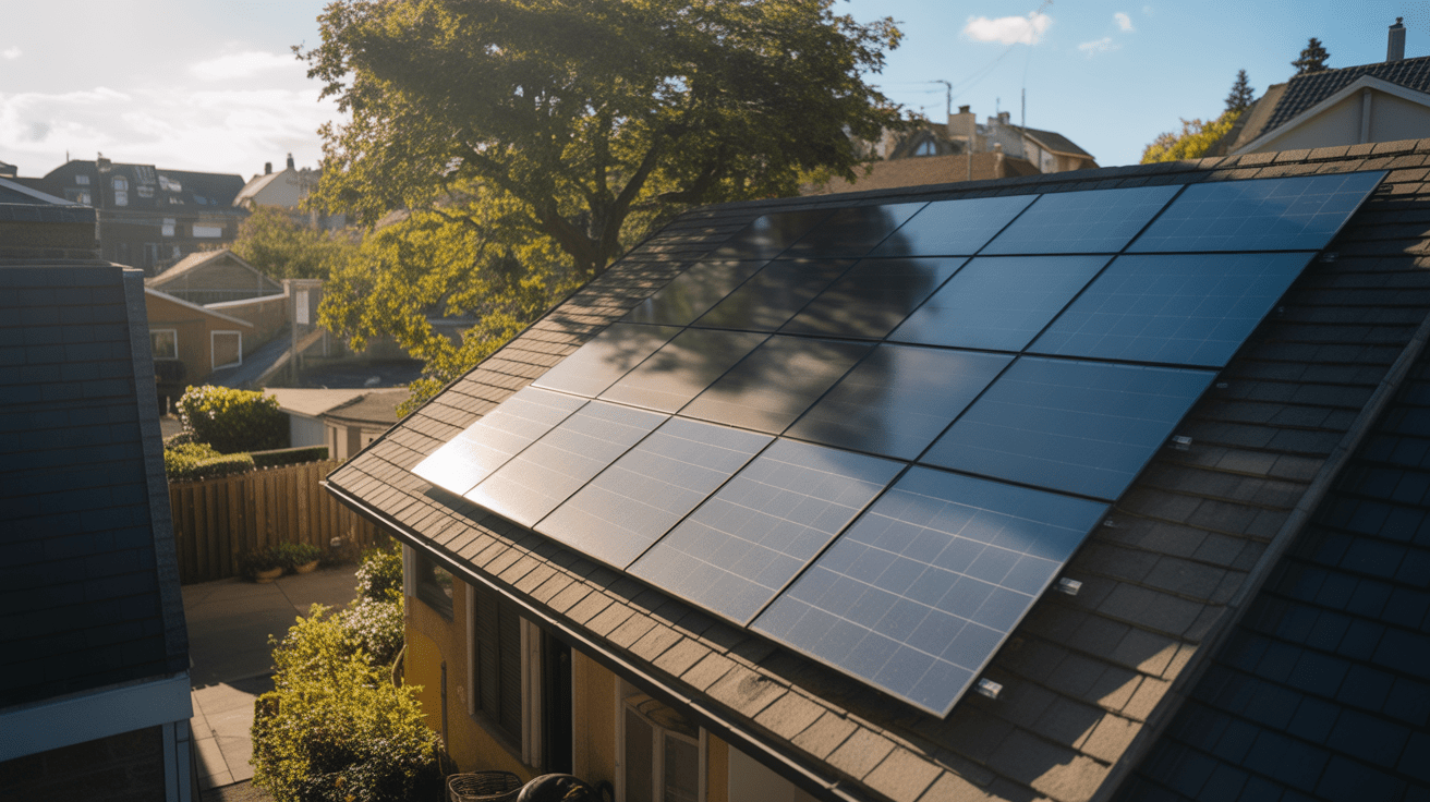 Panneaux solaires sur un toit résidentiel partiellement ombragés par un arbre dans une scène réaliste et naturelle.