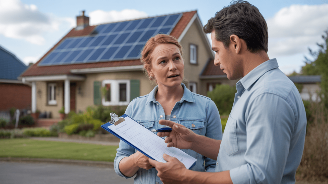 Un propriétaire discute avec un inspecteur devant une maison réelle équipée de panneaux solaires sur le toit, dans une scène extérieure lumineuse et naturelle.
