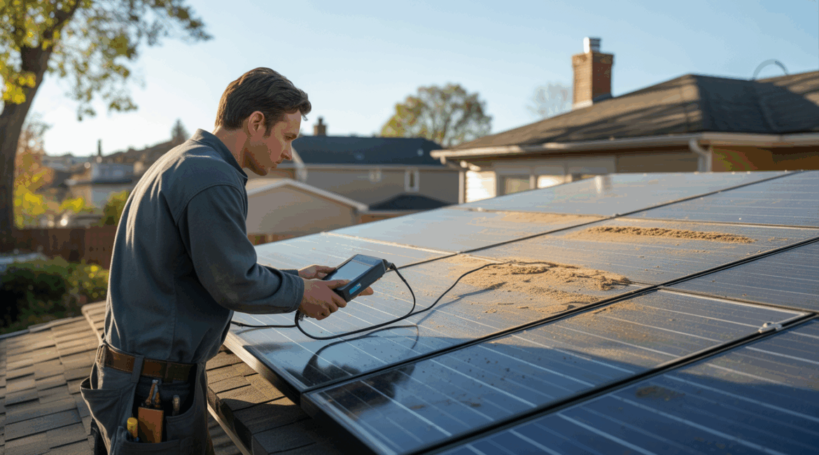 Technicien inspectant des panneaux solaires légèrement poussiéreux et partiellement ombragés sur le toit d'une maison, dans une scène réaliste et naturelle.