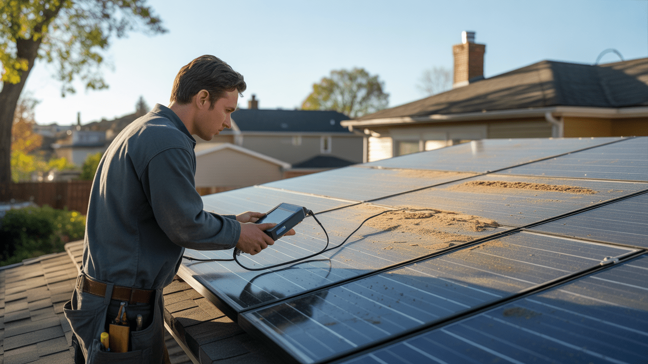 Technicien inspectant des panneaux solaires légèrement poussiéreux et partiellement ombragés sur le toit d'une maison, dans une scène réaliste et naturelle.
