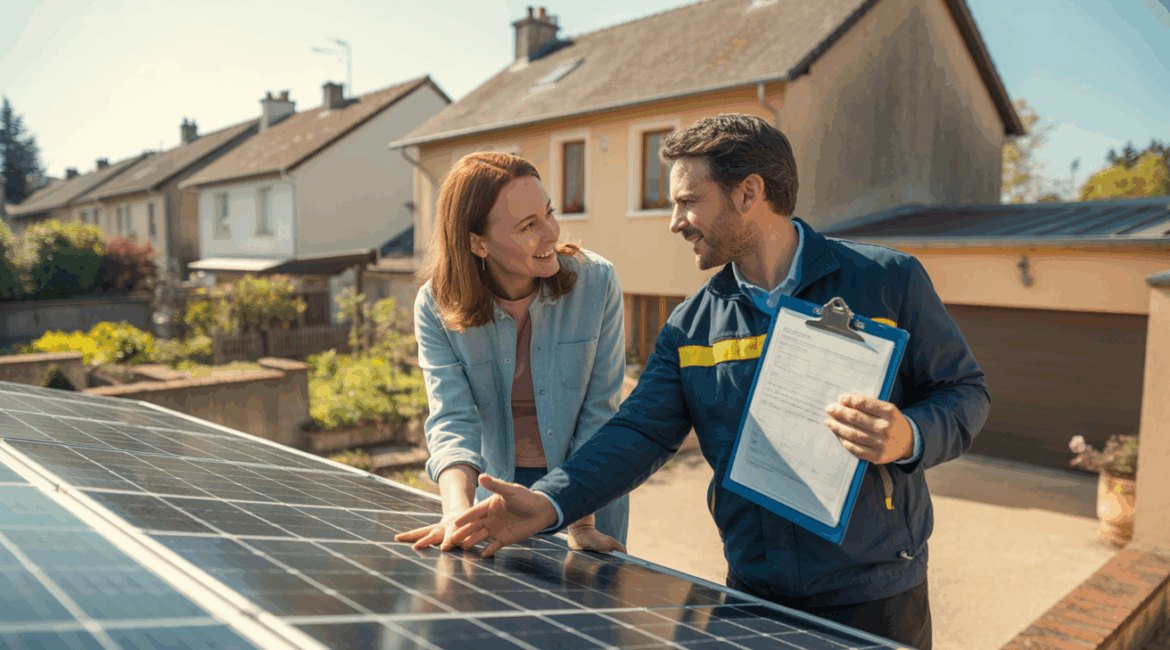 Un technicien solaire et un propriétaire examinant des panneaux solaires sur une maison française, dans une scène réaliste et naturelle.