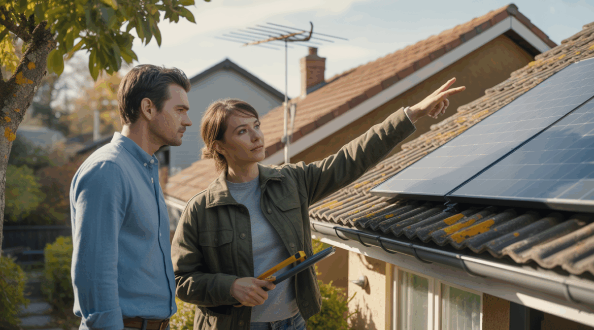 Scène réaliste d’un propriétaire et d’un professionnel inspectant un toit avant l’installation de panneaux solaires.