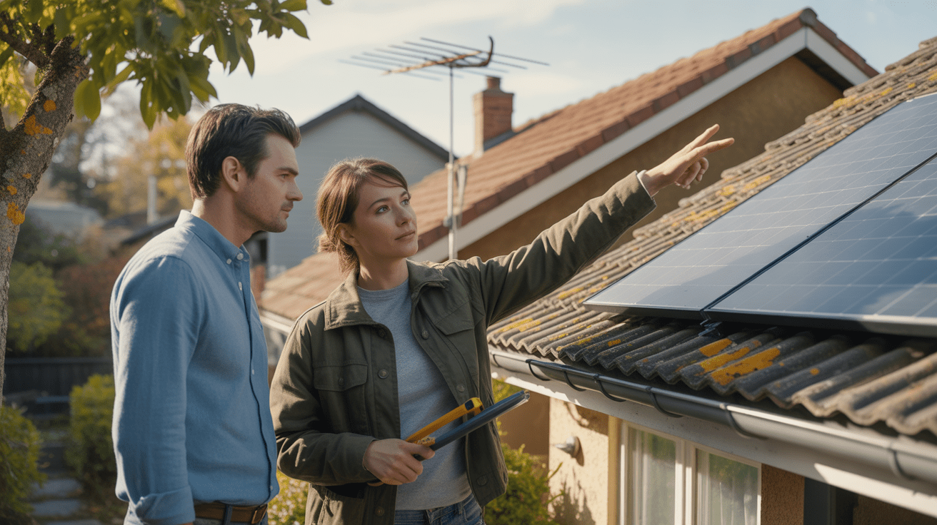Scène réaliste d’un propriétaire et d’un professionnel inspectant un toit avant l’installation de panneaux solaires.