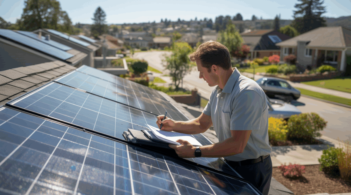 Inspecteur examinant des panneaux solaires sur le toit d'une maison réelle dans un quartier résidentiel, avec une scène naturelle et détaillée.