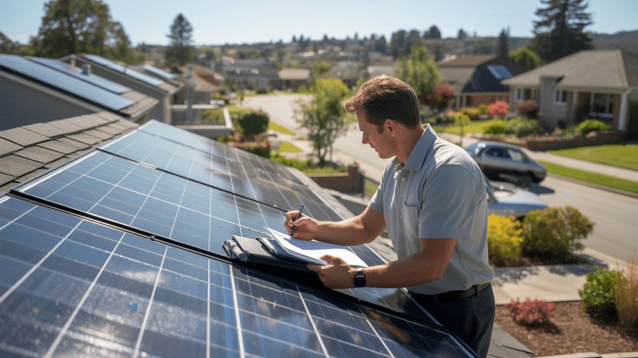 Inspecteur examinant des panneaux solaires sur le toit d'une maison réelle dans un quartier résidentiel, avec une scène naturelle et détaillée.