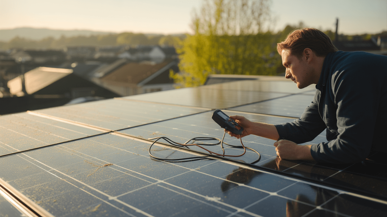 Technicien mesurant le rendement de panneaux solaires sur un toit au lever du soleil, dans une scène réaliste et détaillée.
