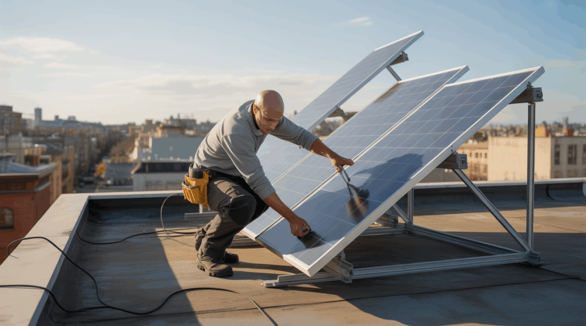 Technicien installant des panneaux solaires sur le toit plat d’un bâtiment urbain avec une scène réaliste et détaillée.