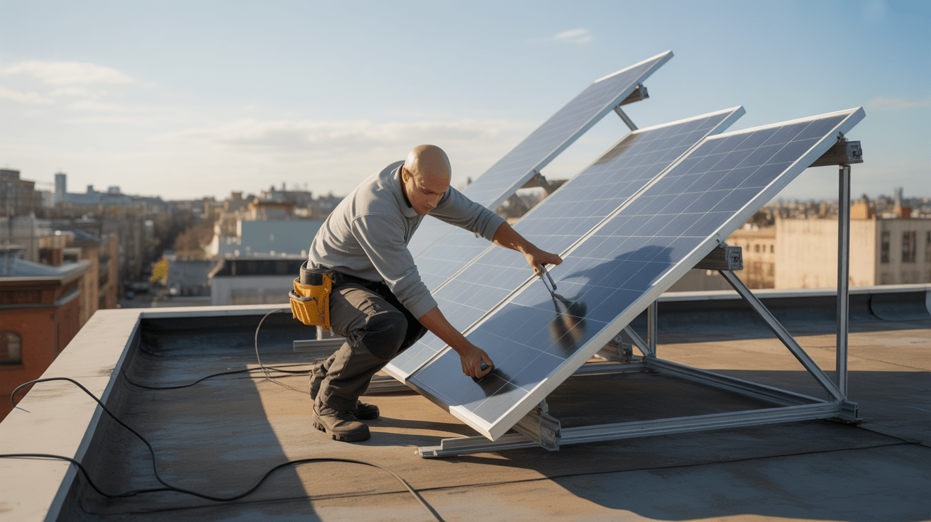 Technicien installant des panneaux solaires sur le toit plat d’un bâtiment urbain avec une scène réaliste et détaillée.