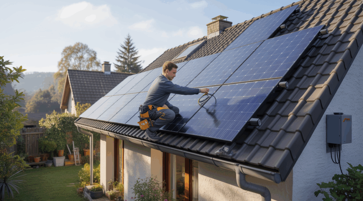 Installation solaire de 3 kWc sur le toit d'une maison réelle, avec un technicien inspectant les panneaux dans une scène naturelle et authentique.