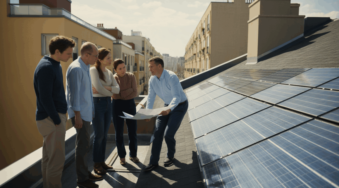 Scène réaliste de copropriétaires sur un toit discutant avec un technicien de l’installation de panneaux solaires.