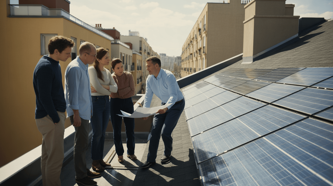 Scène réaliste de copropriétaires sur un toit discutant avec un technicien de l’installation de panneaux solaires.