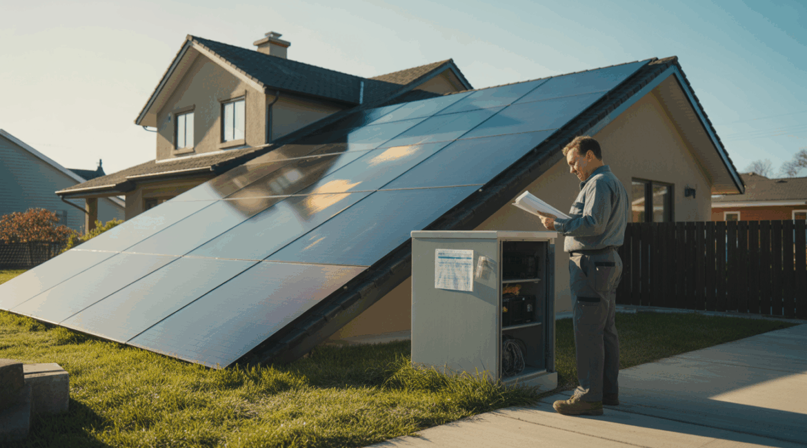 Maison moderne avec panneaux solaires réalistes sur le toit et technicien consultant des estimations de coûts dans une scène naturelle.