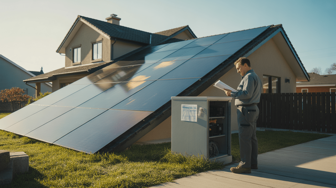 Maison moderne avec panneaux solaires réalistes sur le toit et technicien consultant des estimations de coûts dans une scène naturelle.