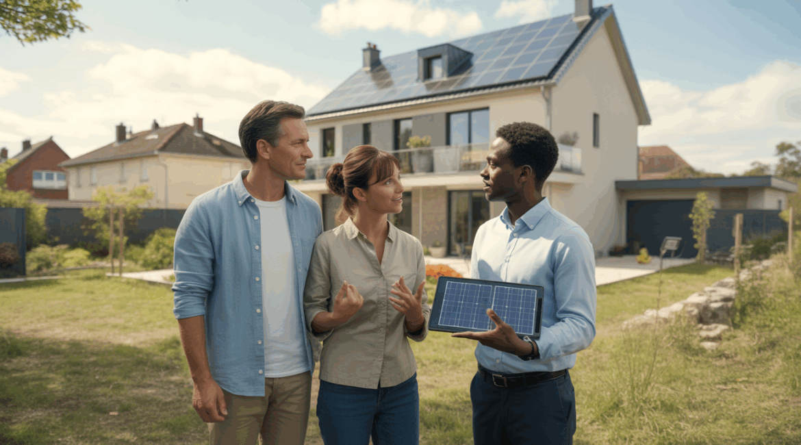 Scène réaliste montrant un couple discutant avec un conseiller solaire devant une maison équipée de panneaux solaires, avec une atmosphère naturelle et authentique.