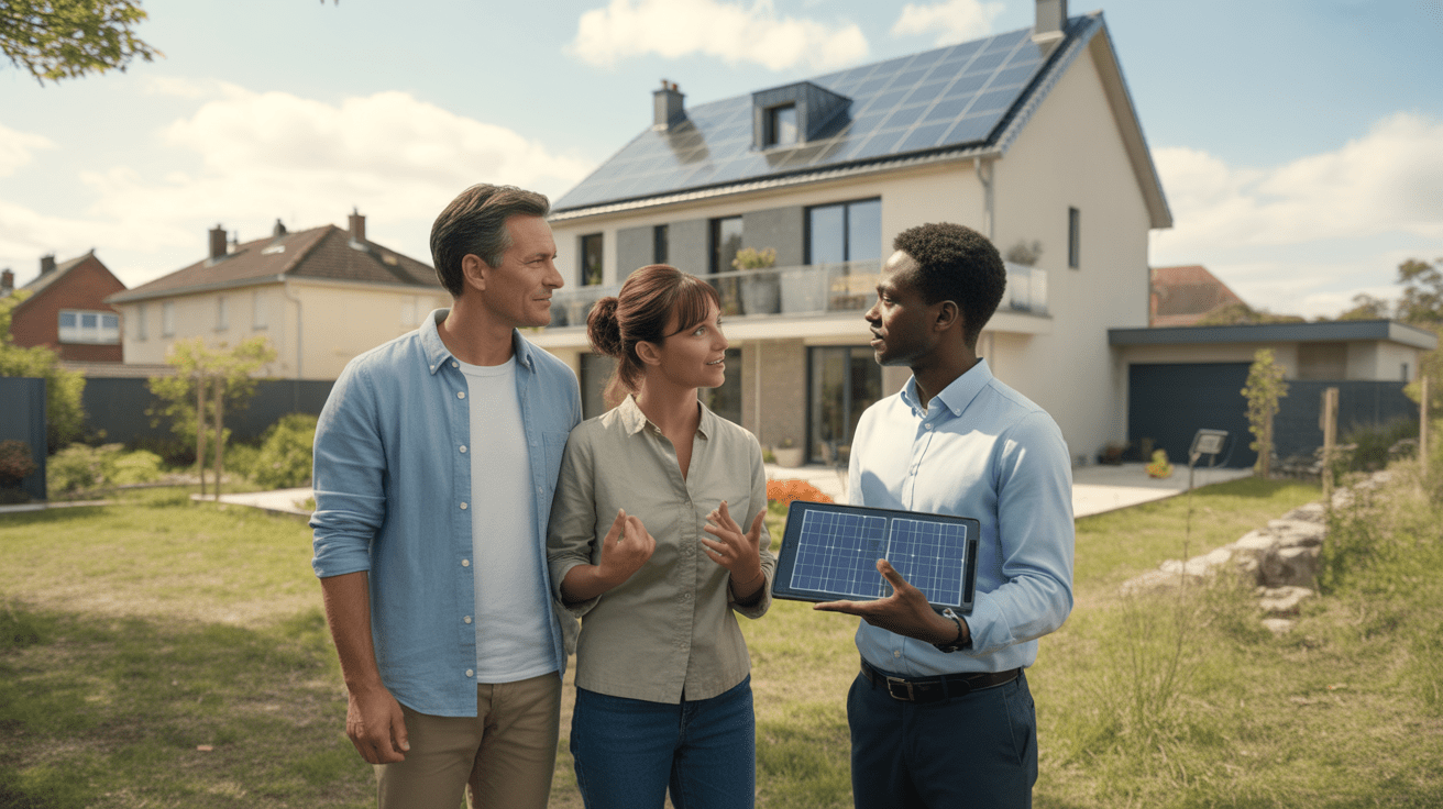 Scène réaliste montrant un couple discutant avec un conseiller solaire devant une maison équipée de panneaux solaires, avec une atmosphère naturelle et authentique.