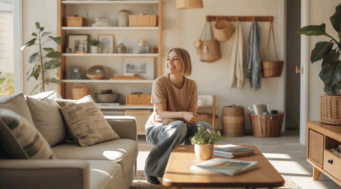 Salon moderne et lumineux parfaitement rangé avec des objets du quotidien, ambiance naturelle et authentique évoquant une vie simplifiée.