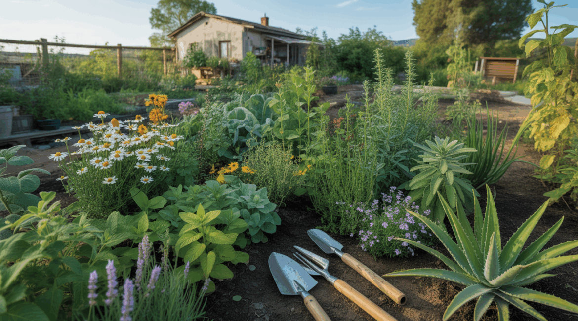 Jardin naturel et réaliste rempli de plantes médicinales au coucher du soleil, avec outils de jardinage et maison de campagne en arrière‑plan.
