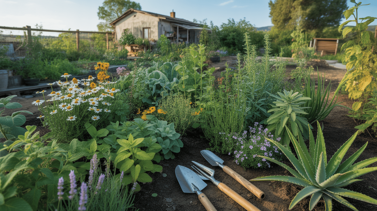 Jardin naturel et réaliste rempli de plantes médicinales au coucher du soleil, avec outils de jardinage et maison de campagne en arrière‑plan.