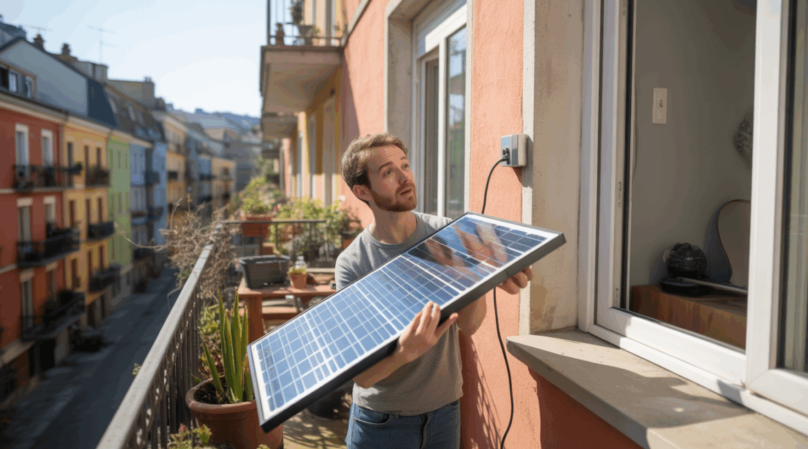 Personne vérifiant un kit solaire plug and play installé sur un balcon européen réel, avec une scène naturelle et authentique.