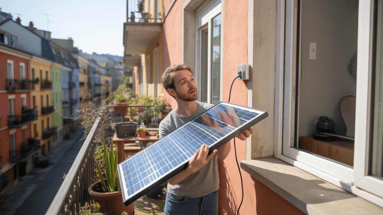 Personne vérifiant un kit solaire plug and play installé sur un balcon européen réel, avec une scène naturelle et authentique.