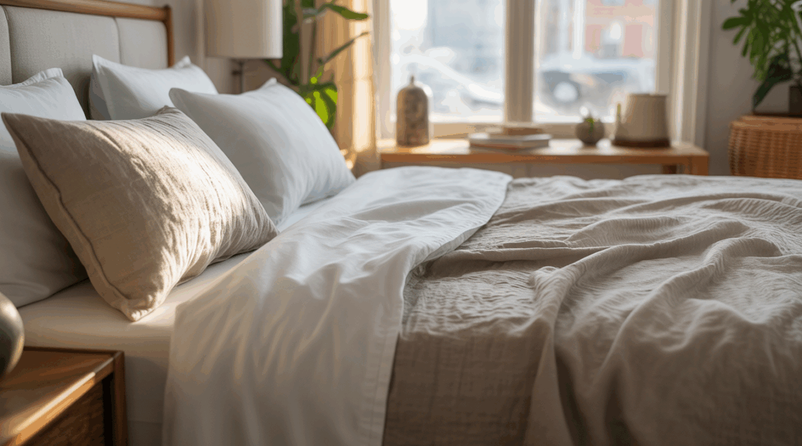 Chambre réaliste baignée de lumière naturelle avec un lit soigneusement préparé mettant en valeur différents types de linge de lit haut de gamme.
