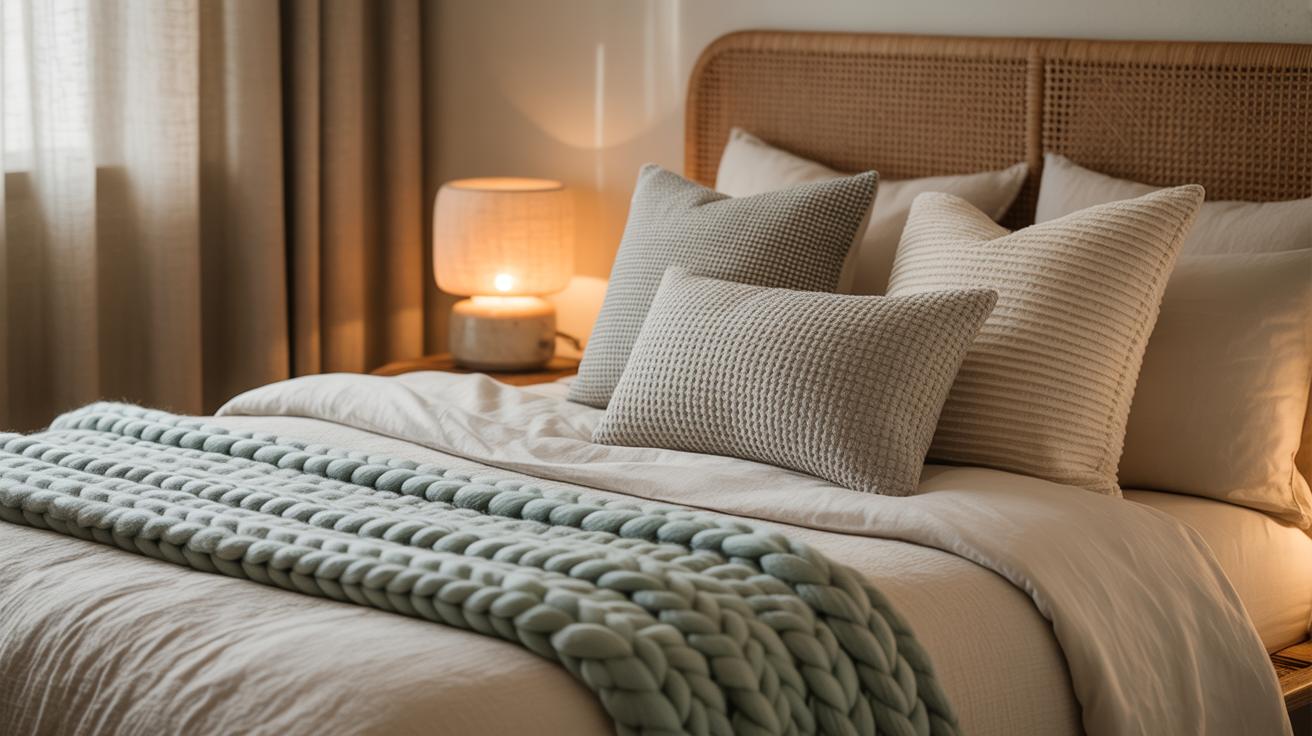 Lit luxueusement superposé dans une chambre apaisante à la lumière douce