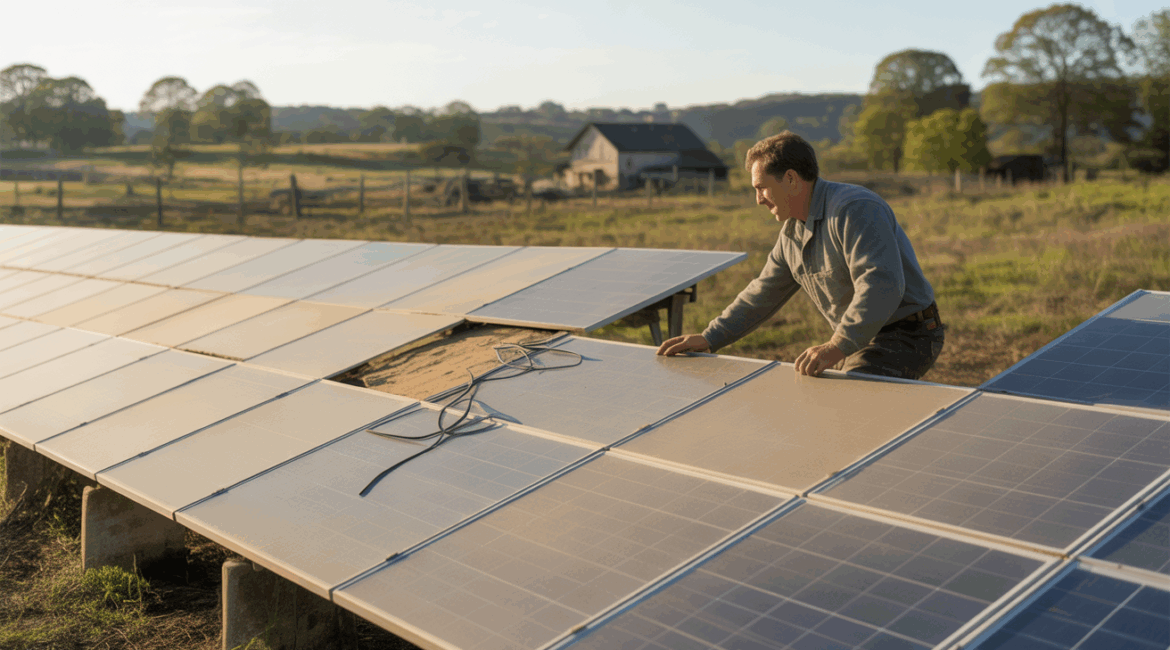 Scène réaliste de panneaux solaires légèrement vieillis dans un paysage rural naturel, avec un technicien inspectant l’installation.
