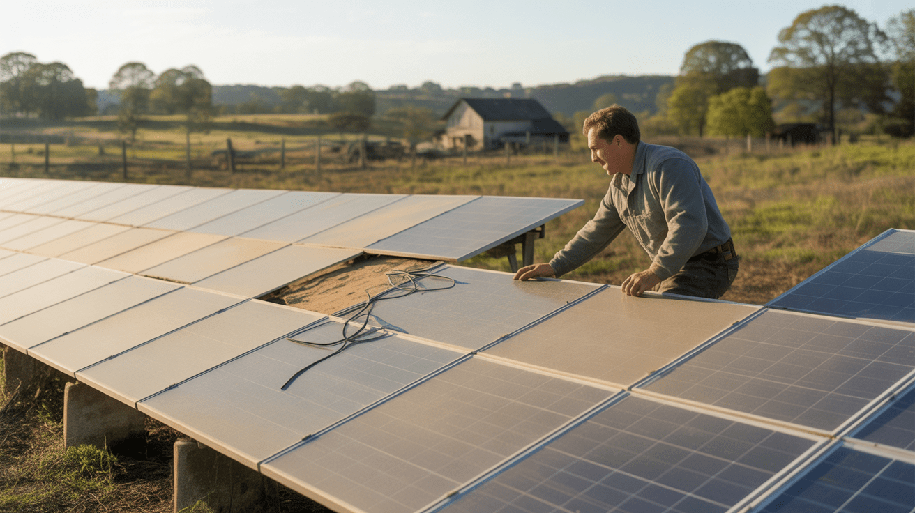 Scène réaliste de panneaux solaires légèrement vieillis dans un paysage rural naturel, avec un technicien inspectant l’installation.