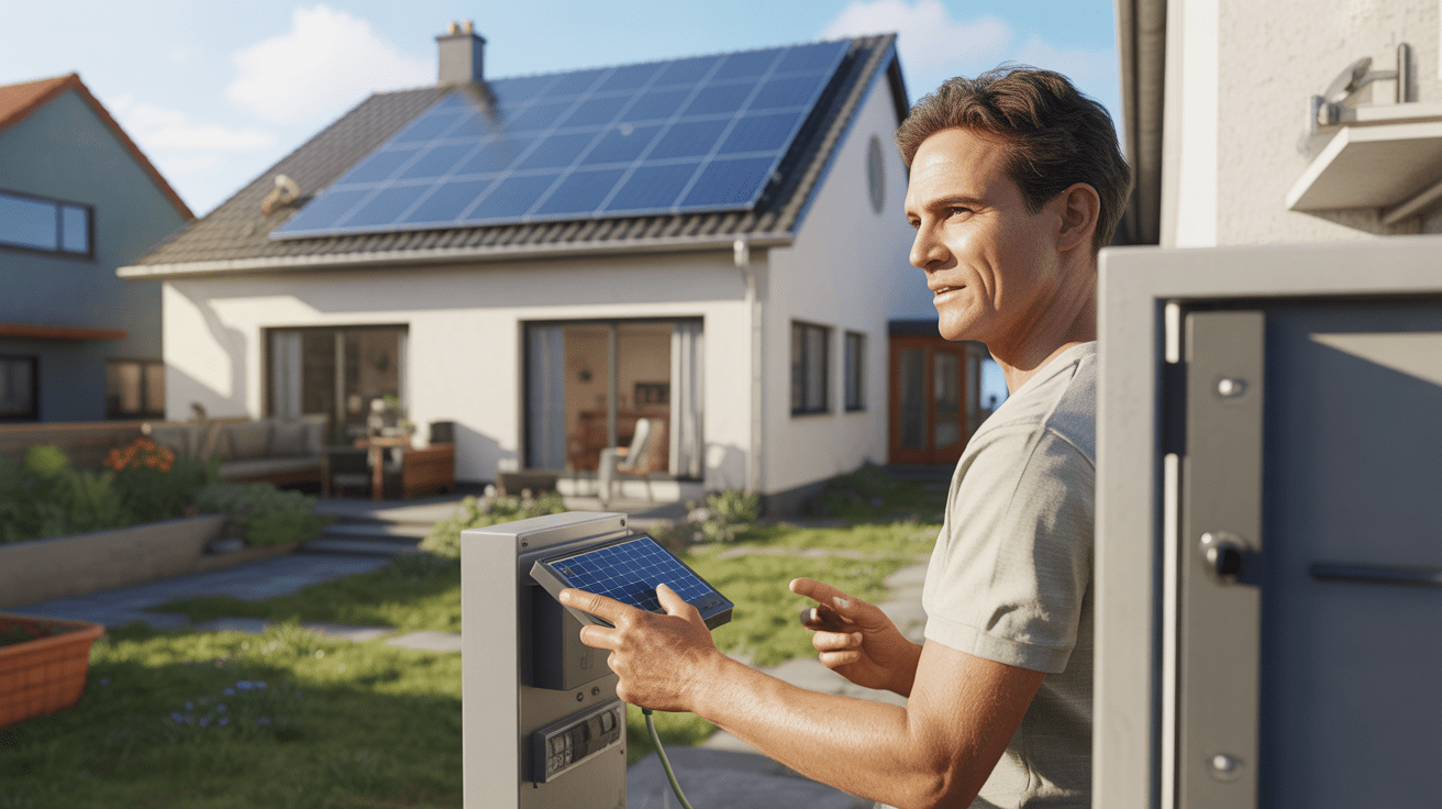 Maison familiale moderne équipée de panneaux solaires en fonctionnement, avec un propriétaire observant sa production d’énergie dans une scène réaliste et naturelle.