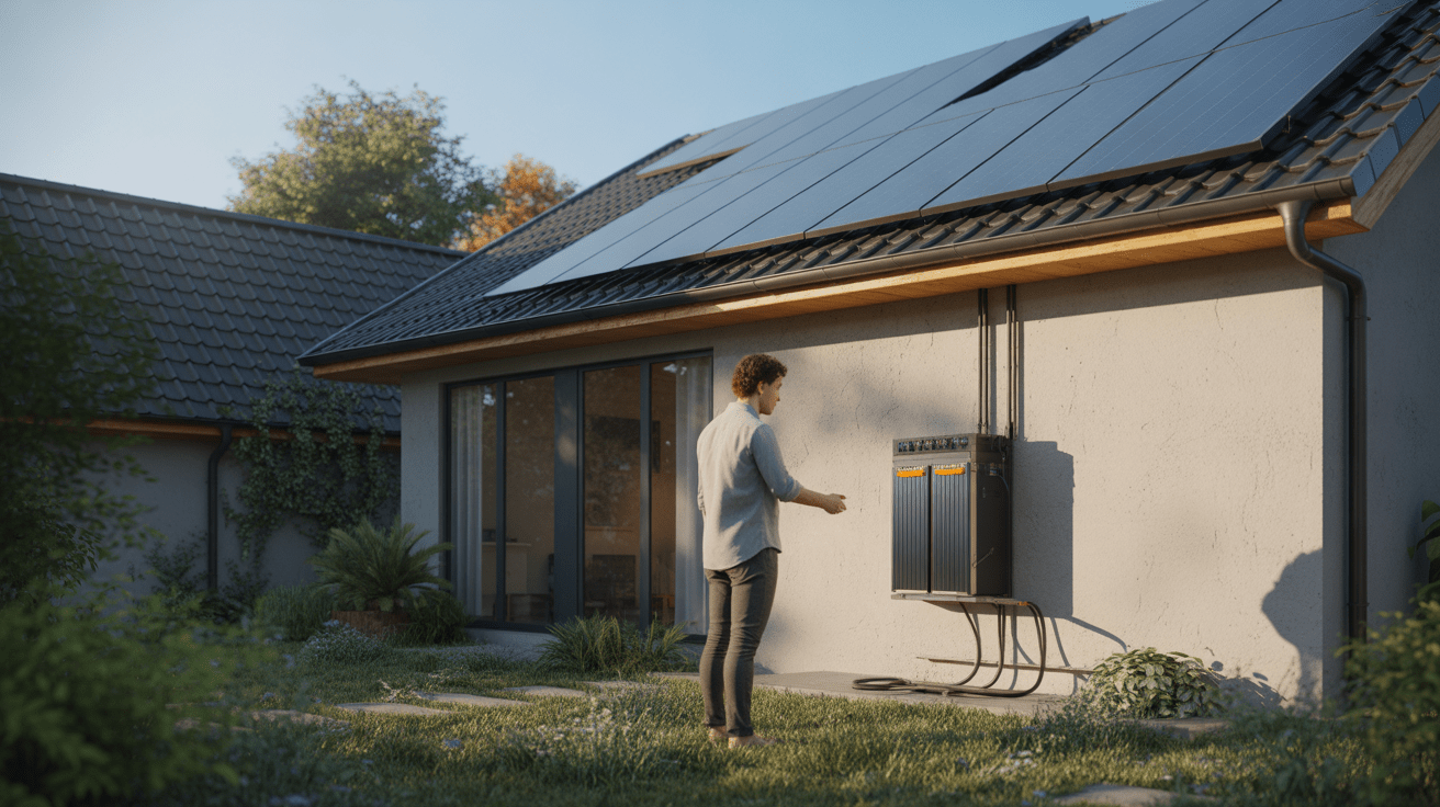 Maison moderne avec panneaux solaires et propriétaire examinant une batterie domestique dans un jardin naturel et réaliste au coucher du soleil.